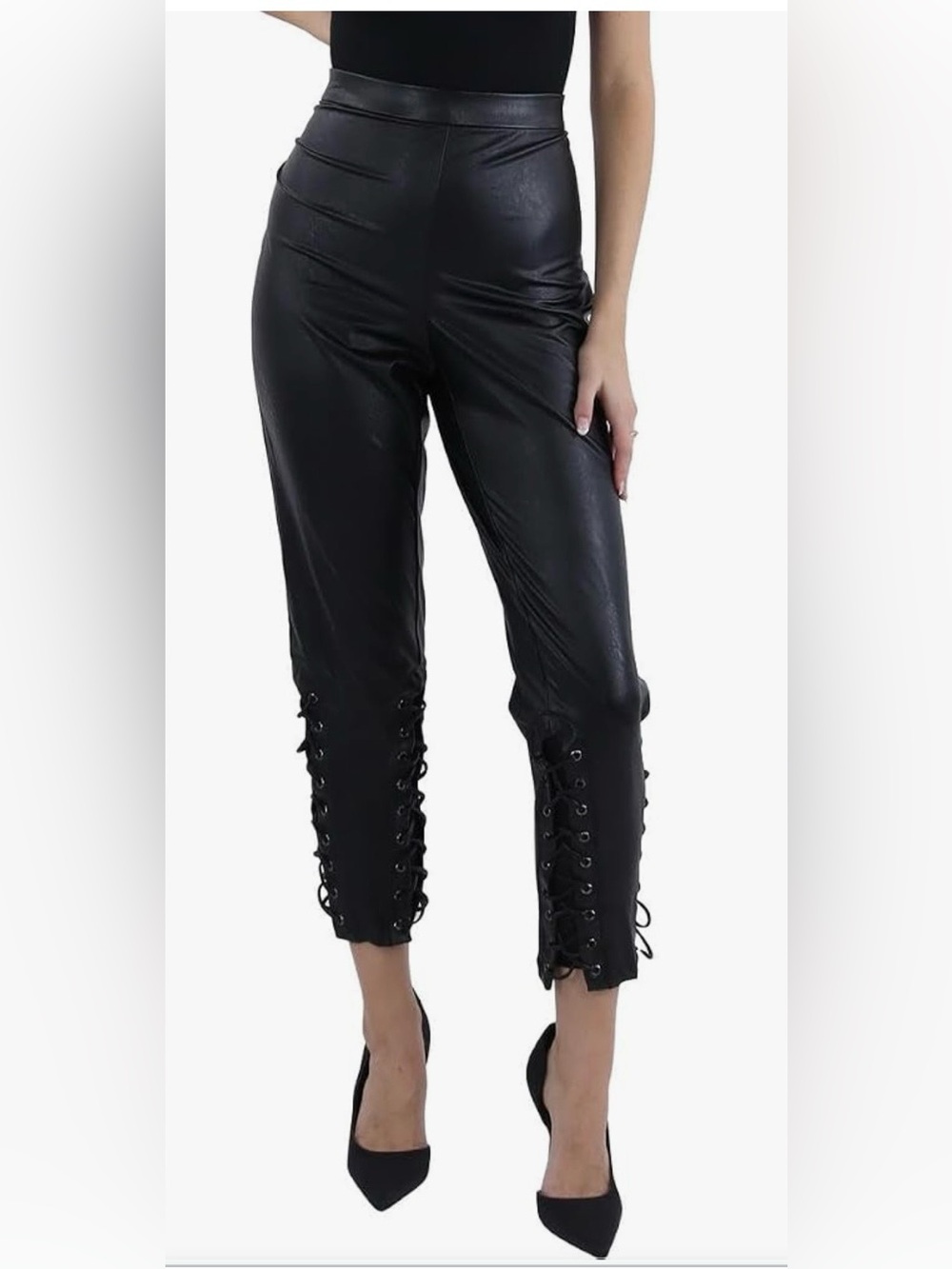 NWT BCBGMAXAZRIA Faux leather leggings with lace-up details. Waist 17 (34 inch);